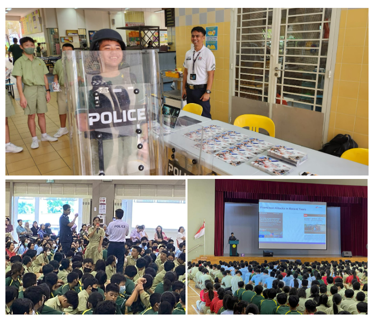A police outreach event at a school showing officers with a riot shield, a crowd assembly, and a hall presentation.